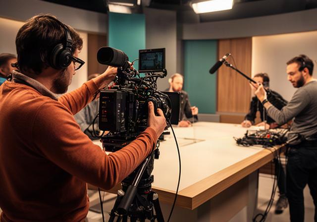Cameracrew werkt rond een talkshowtafel met professionele camera en geluidsapparatuur