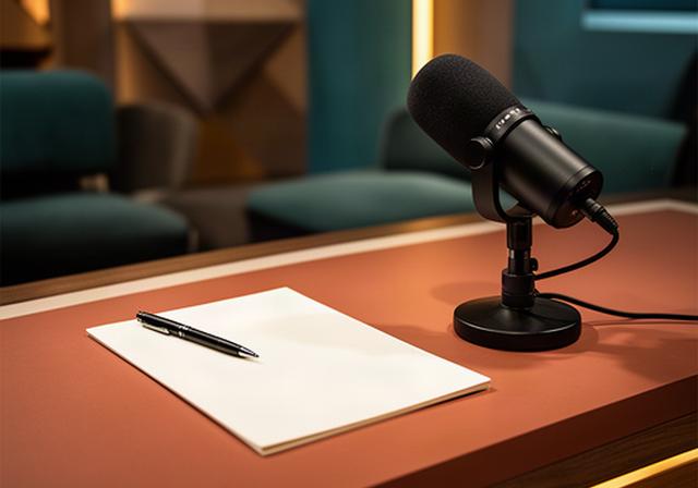 Presentatiedesk met notities en studiobelichting voor een inhoudelijk talkshowformat
