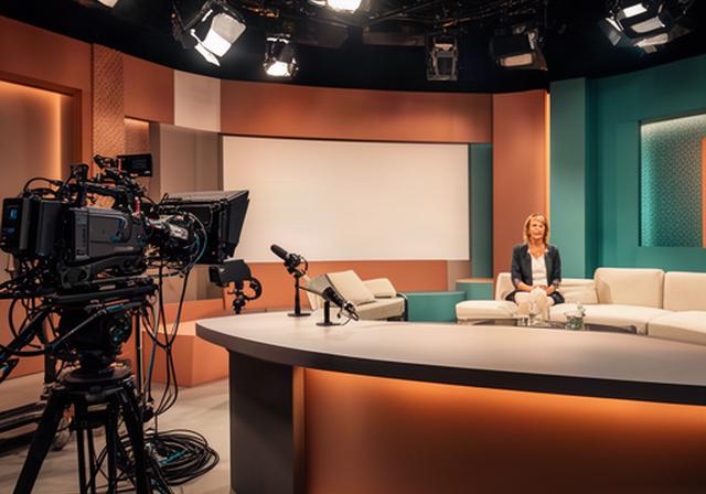 Professionele talkshowstudio in Eindhoven met warme verlichting, presentatiedesk en meerdere camera's