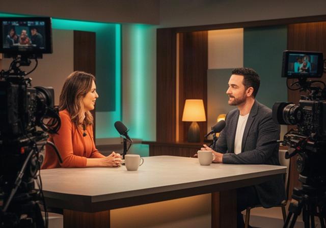 Opnameset van een levendige talkshow met presentator, gast en warme studiobelichting