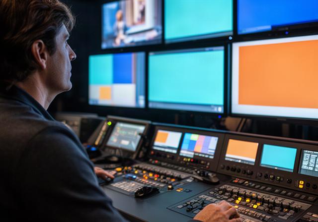 Regisseur bekijkt meerdere studiobeelden op monitoren tijdens een talkshowproductie